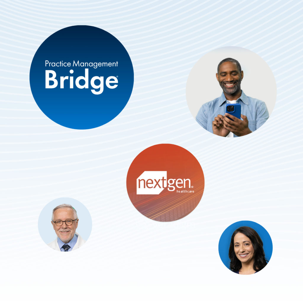 Image with providers and patients, Practice Management Bridge and NextGen logos